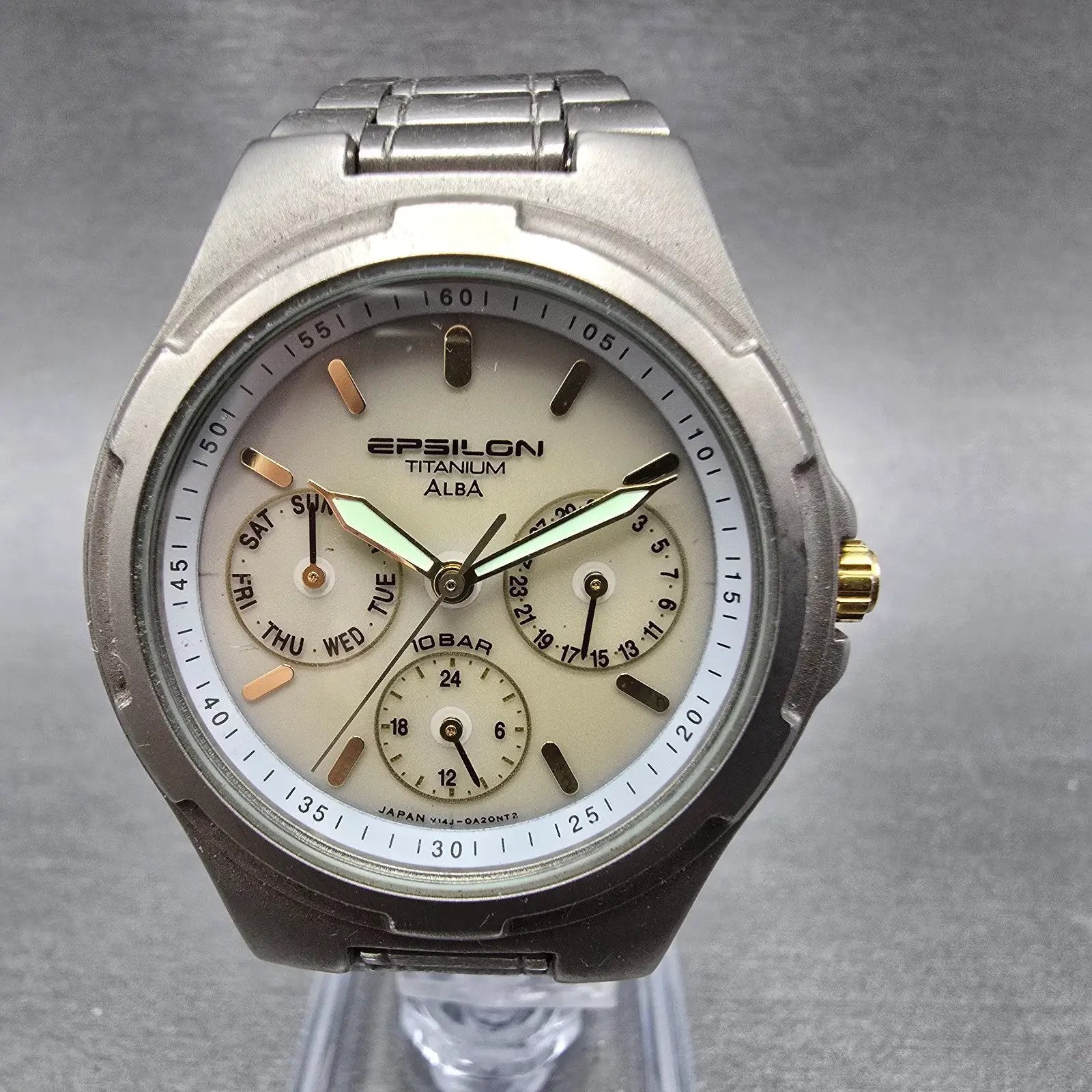 Seiko Alba Epsilon Watch Men 36mm Gray Dial Titanium Daydate V14J-0A10 Runs0