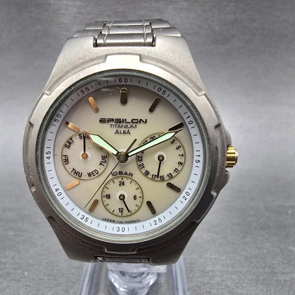 Seiko Alba Epsilon Watch Men 36mm Gray Dial Titanium Daydate V14J-0A10 Runs0