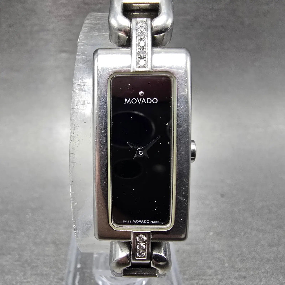 Movado Vivo Tank Watch Women 14mm Black Dial Steel Rectangle Diamonds New Batt0