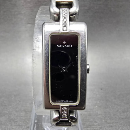 Movado Vivo Tank Watch Women 14mm Black Dial Steel Rectangle Diamonds New Batt0