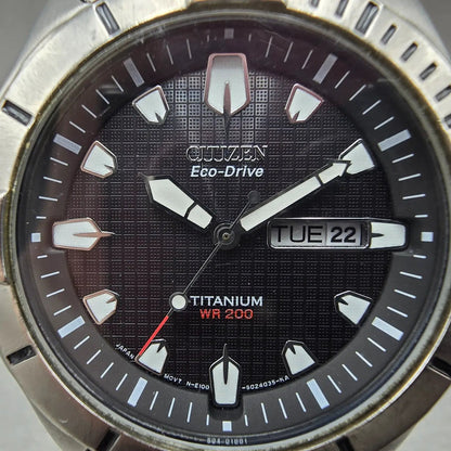 Citizen Eco-Drive Watch Men 42mm Black Dial Titanium Daydate E100-S011922 Runs1
