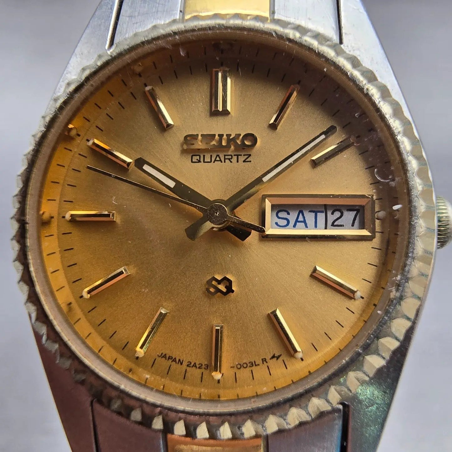 Seiko SQ Watch Women 24mm Gold Dial Two Tone Daydate 2A23-0030 New Battery VTG1