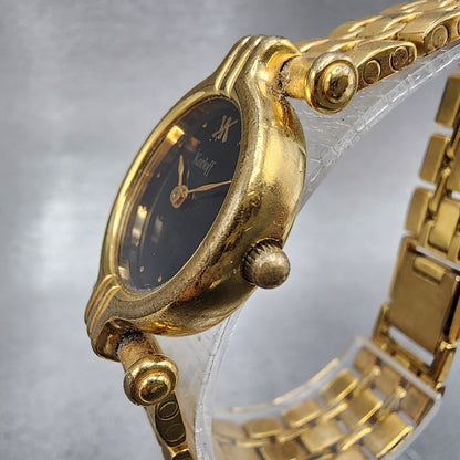Korloff Watch Women 23mm Black Dial Gold Tone Round New Battery Vintage2