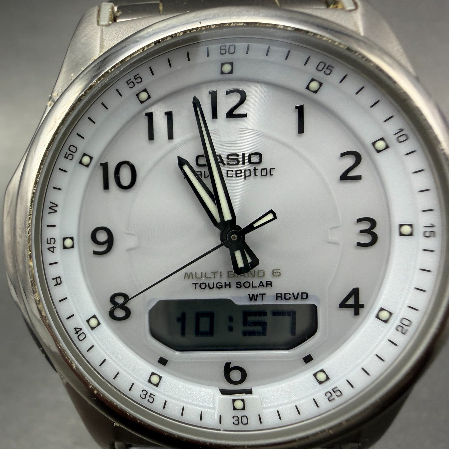 Casio Wave Ceptor Watch Men 42mm White Dial Titianium Solar Analog Digital Works1