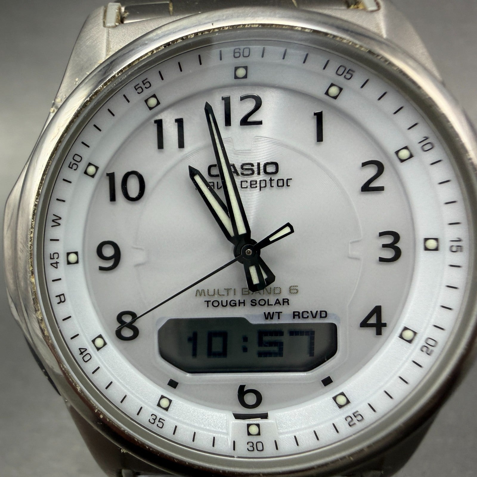 Casio Wave Ceptor Watch Men 42mm White Dial Titianium Solar Analog Digital Works1
