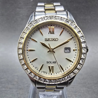 Seiko Solar Watch Women 28mm MOP Dial Two Tone Date Gemmed V137-0AA0 Works JP 870
