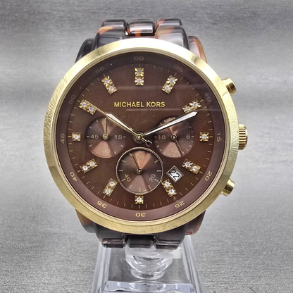Michael Kors Watch Women 43mm Brown Dial Gold Tone Chrono Date MK5216 New Batt0