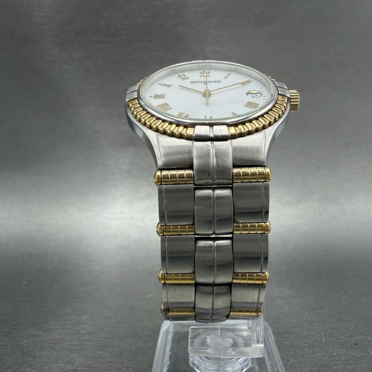 Wittnauer Watch Men 35mm White Dial Two Tone Date Round JV8245 9514 New Battery5