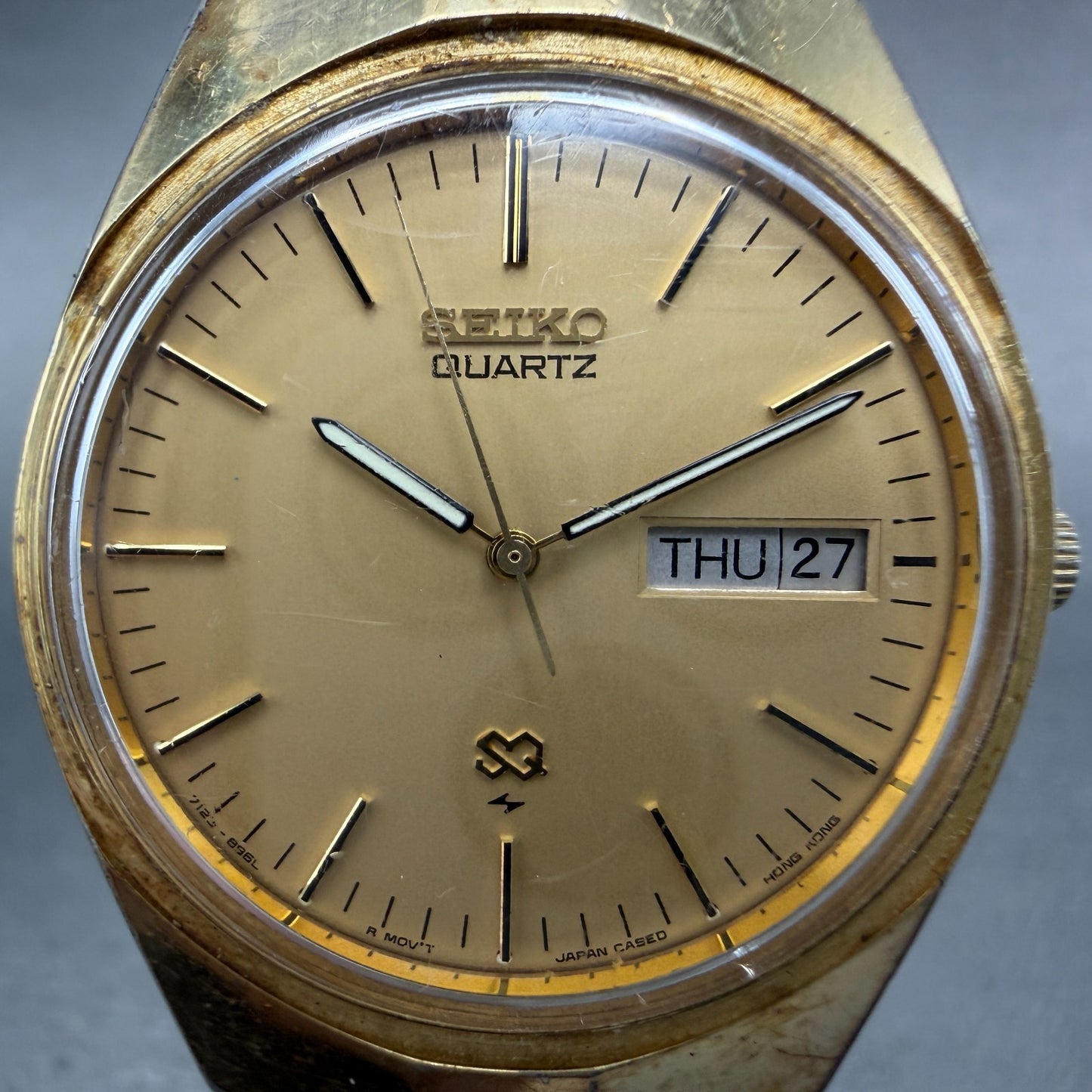 Seiko SQ Watch Men 35mm Gold Dial Gold Tone Daydate Round 7123-8570 New Battery1
