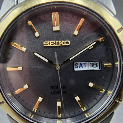 Seiko Solar Watch Men 37mm Gray Dial Two Tone Daydate Round V158-0AD0 Runs JP1