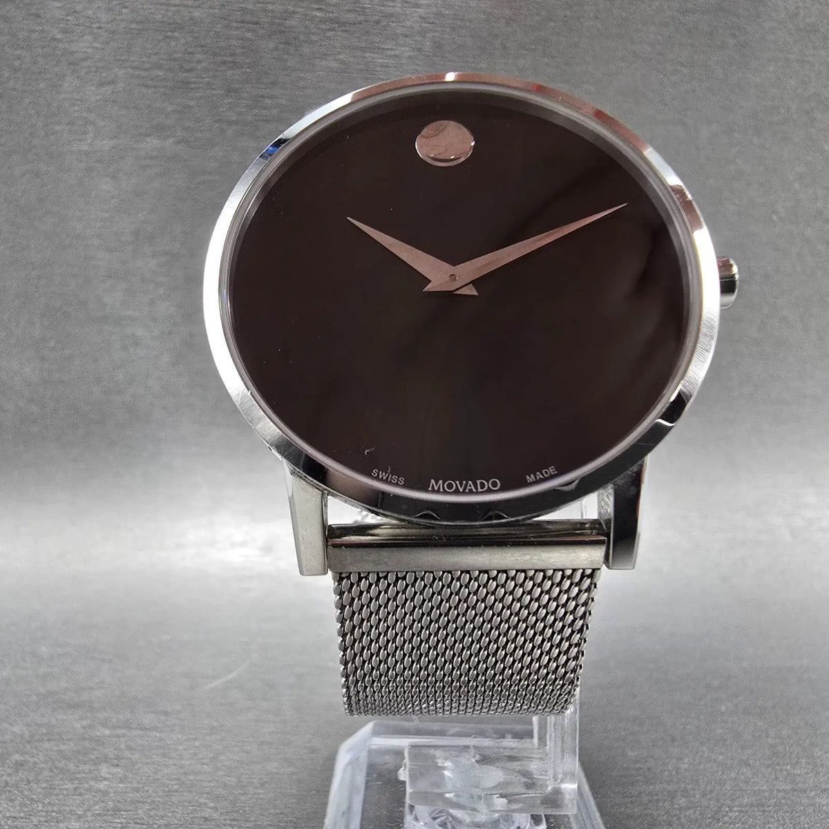 Movado Museum Watch Men 40mm Black Dial Silver Round 0607219 Mesh New Battery5