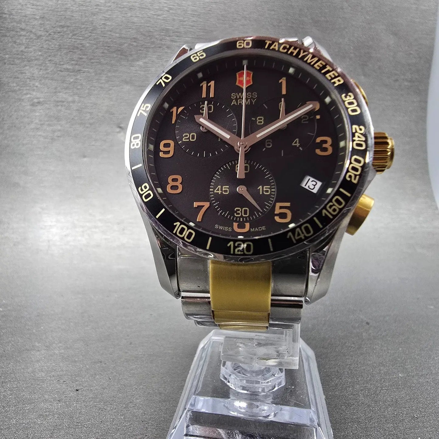 Victorinox Swiss Army Chronograph Watch Men 41mm Black Dial Two Tone Date NewBat5
