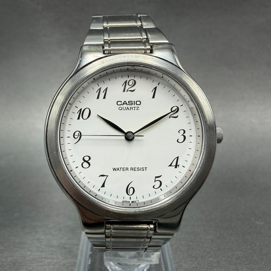 Casio Watch Men 36mm White Dial Silver Tone Round MTP1131 New Battery Bracelet0