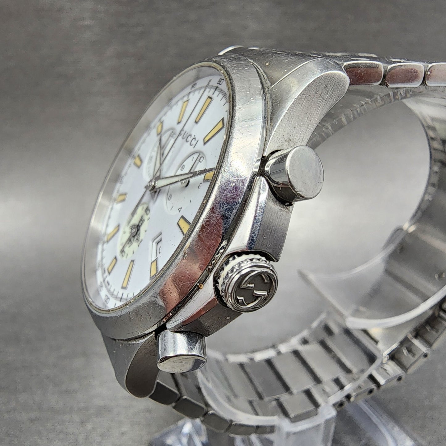 Gucci G-Timeless Chronograph Watch Men 39mm White Dial Steel Date Round NewBatte2