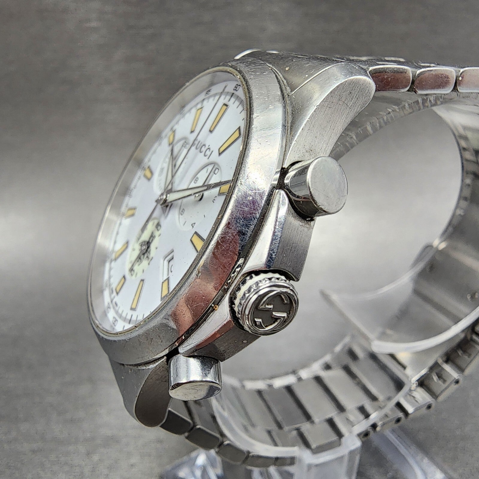 Gucci G-Timeless Chronograph Watch Men 39mm White Dial Steel Date Round NewBatte2