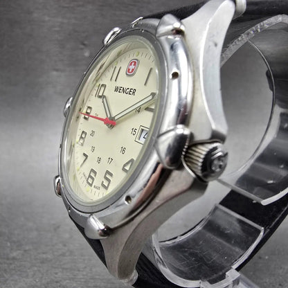 Wenger Watch Men 41mm White Dial Silver Date Round 7311X New Battery Swiss2