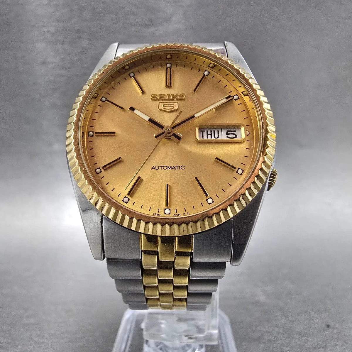 Seiko 5 Automatic President Watch Men 36mm Gold Dial Two Tone Daydate 7S26-05005