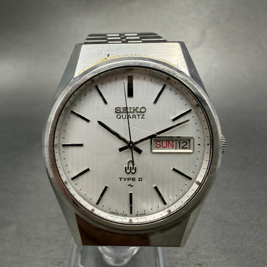 Seiko Type II Watch Men 35mm Silver Dial Silver Tone Daydate 7123-8100 New Batt30