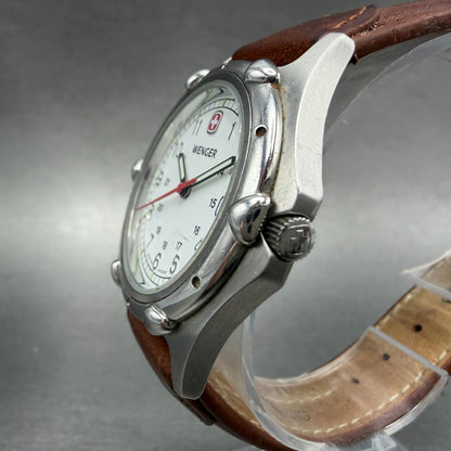 Wenger Watch Men 35mm White Dial Steel Date Round Leather Band 7010X New Battery2