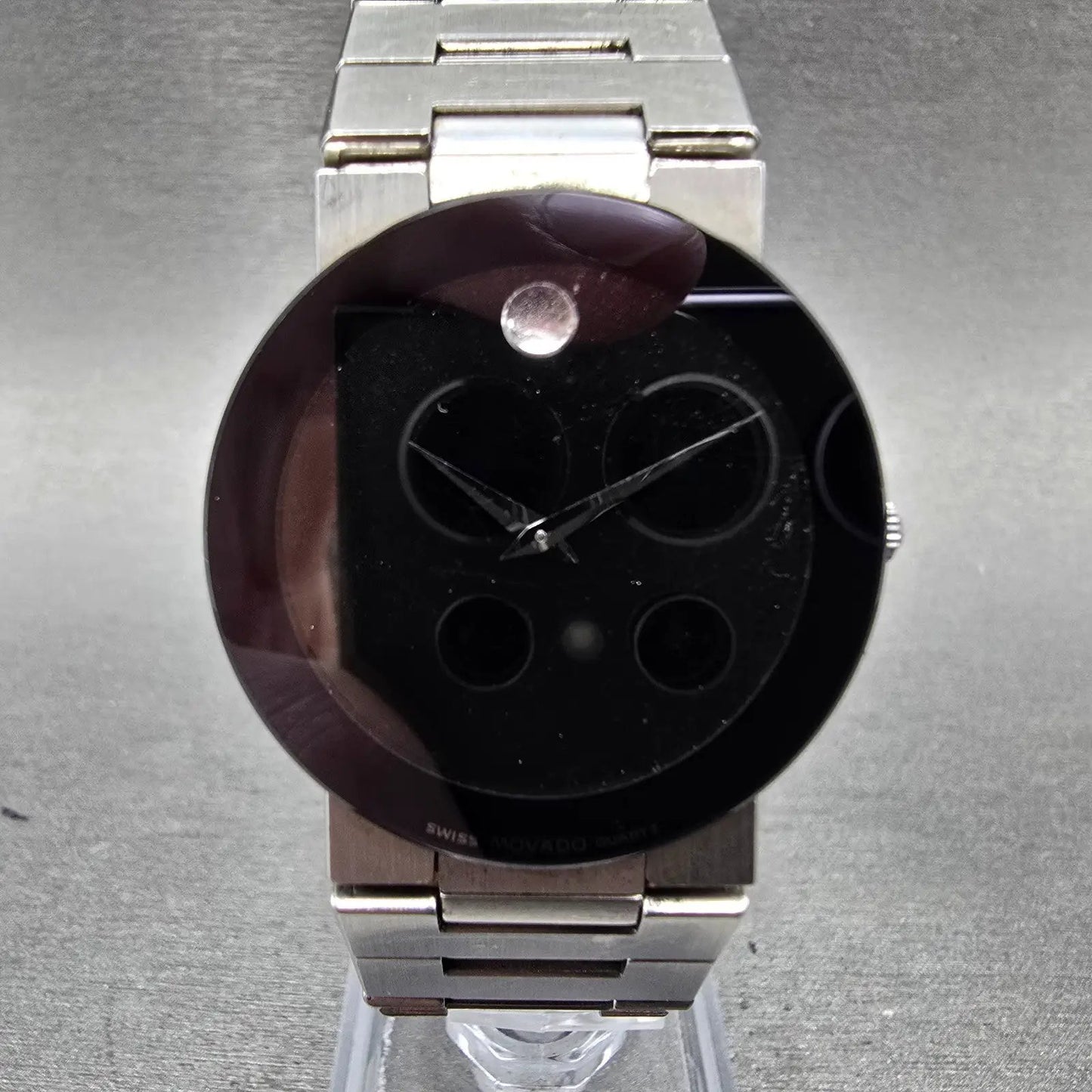 Movado Safiro Watch Men 31mm Black Dial Silver Tone Round 99.C6.877 New Battery0