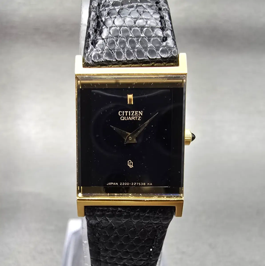 Citizen Tank Watch Women 16mm Black Dial Gold Tone Rectangle 2200 New Battery0
