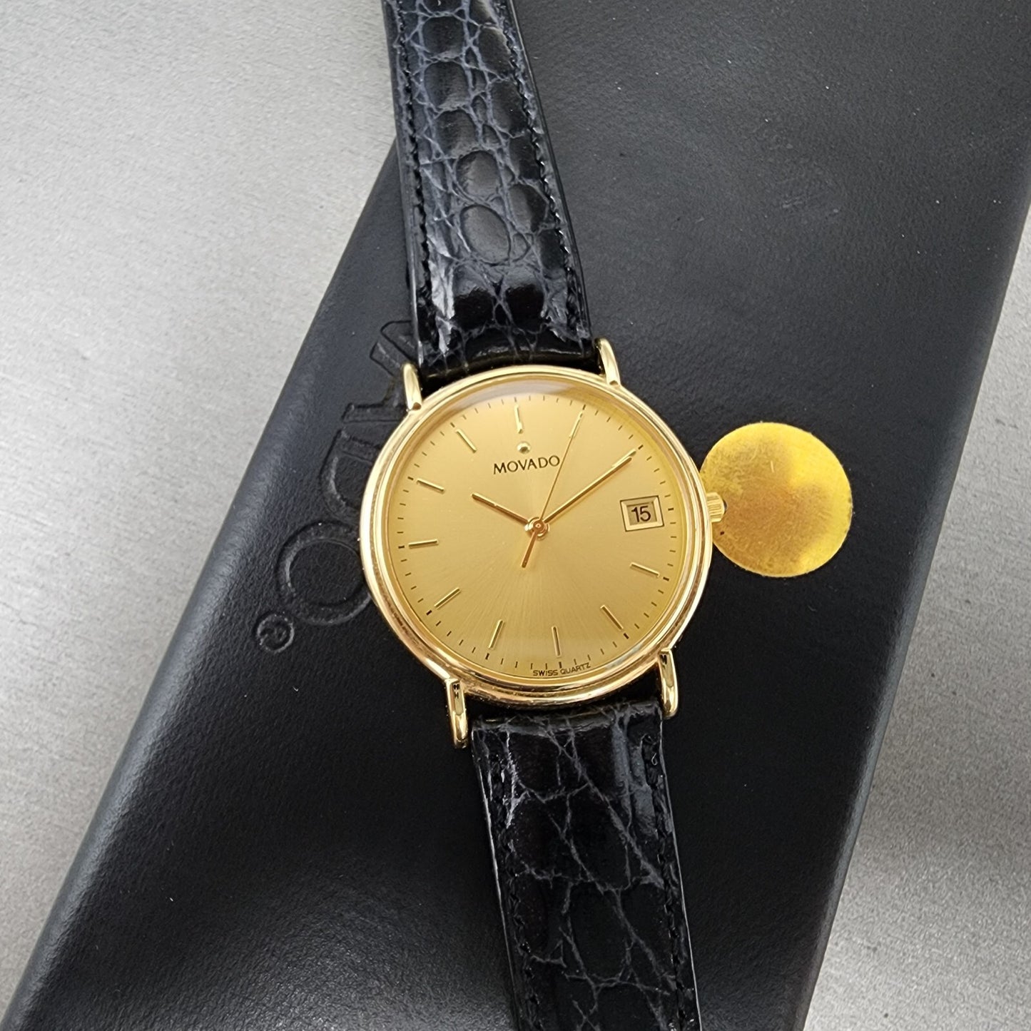 Movado Watch Men 34mm Gold Dial Gold Tone Date Round Leather Box New Battery0