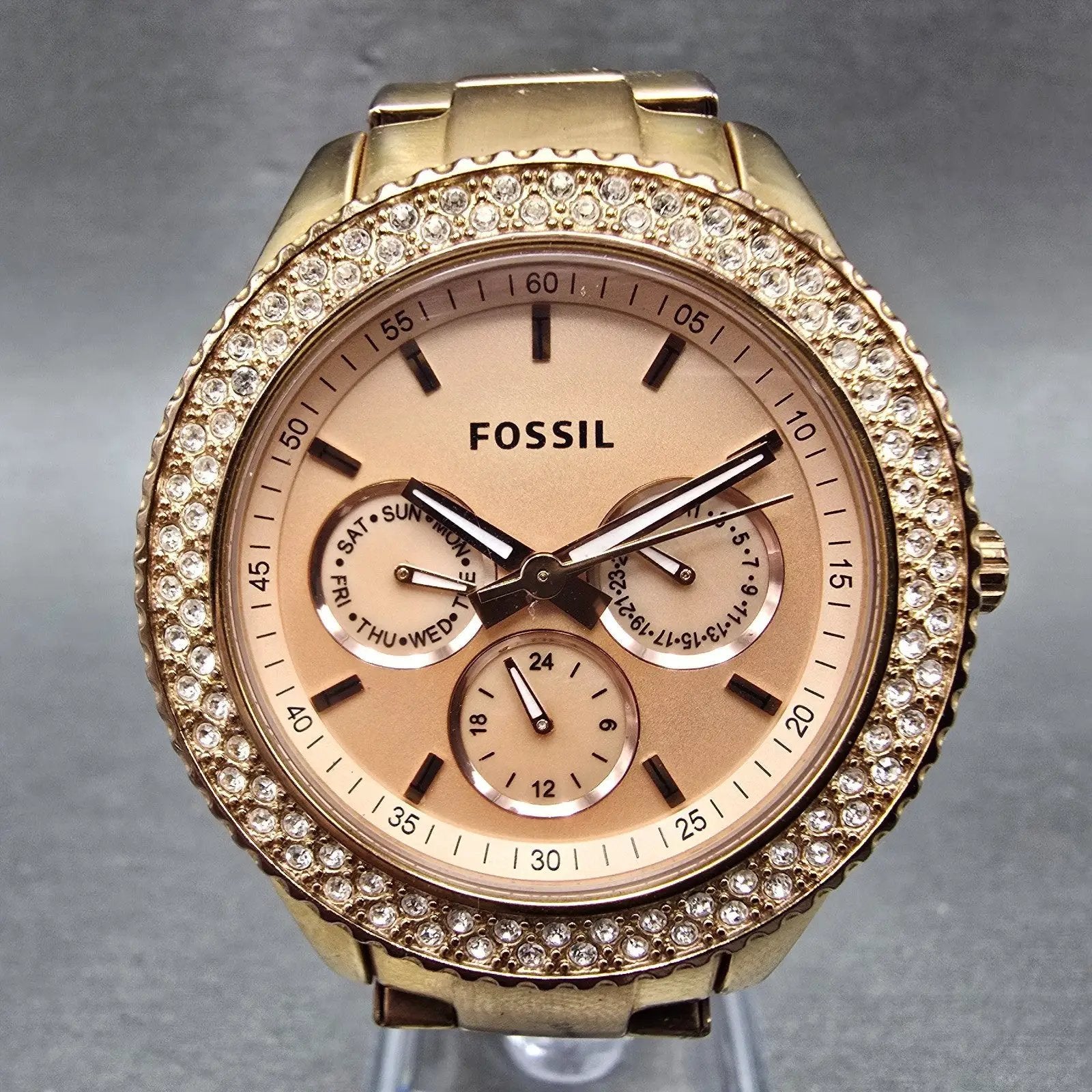Fossil Stella Watch Women 38mm Pink Dial Rose Gold Tone Daydate ES3003 New Batt0