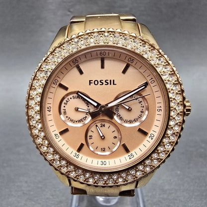 Fossil Stella Watch Women 38mm Pink Dial Rose Gold Tone Daydate ES3003 New Batt0