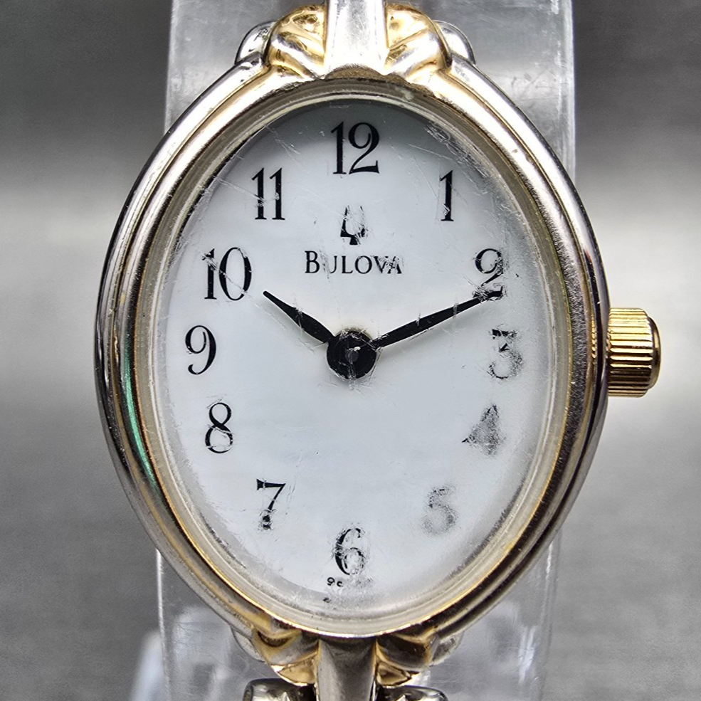 Bulova Watch Women 17mm White Dial Two Tone Oval 98L66 New Battery Vintage AB1