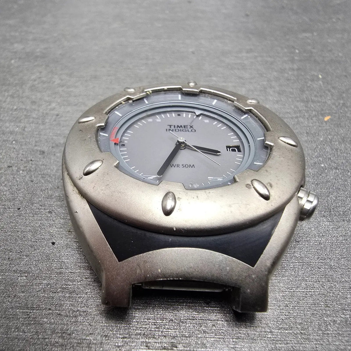 Timex Alarm Watch Men 41mm Gray Dial Silver Tone Date Round Indiglo PARTS3