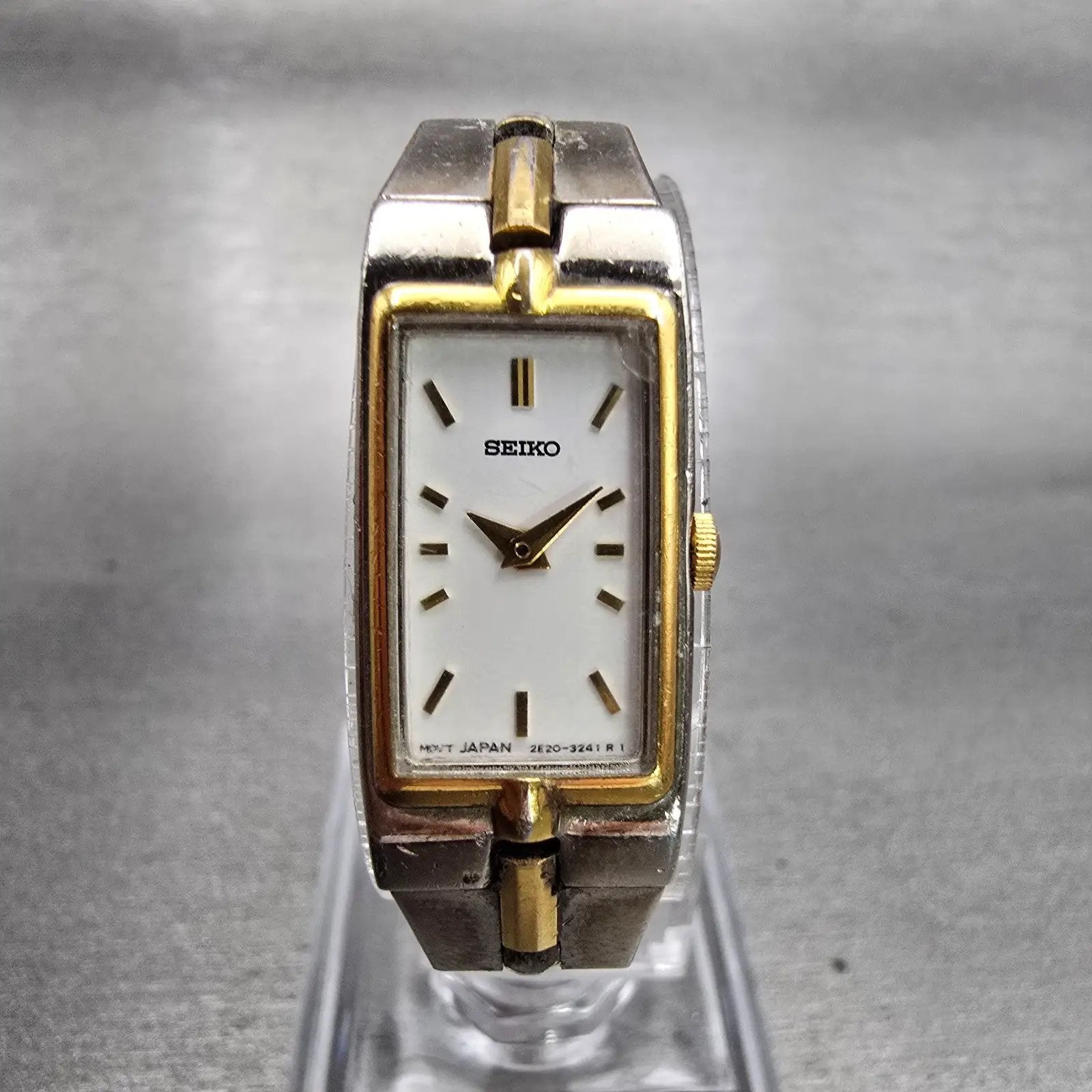 Seiko Watch Women 13mm White Dial Two Tone Rectangle 2E20-7479 New Battery READ!0