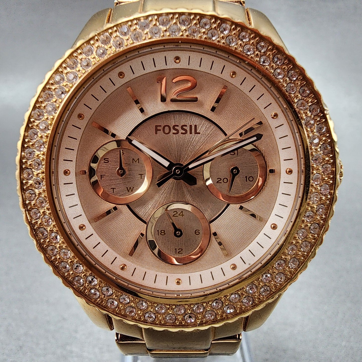 Fossil Stella Watch Women 38mm Rose Dial Rose Gold Tone Daydate Round New Batt1
