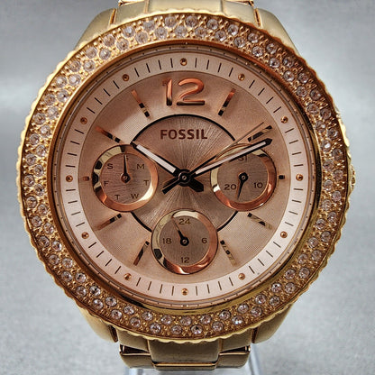 Fossil Stella Watch Women 38mm Rose Dial Rose Gold Tone Daydate Round New Batt1