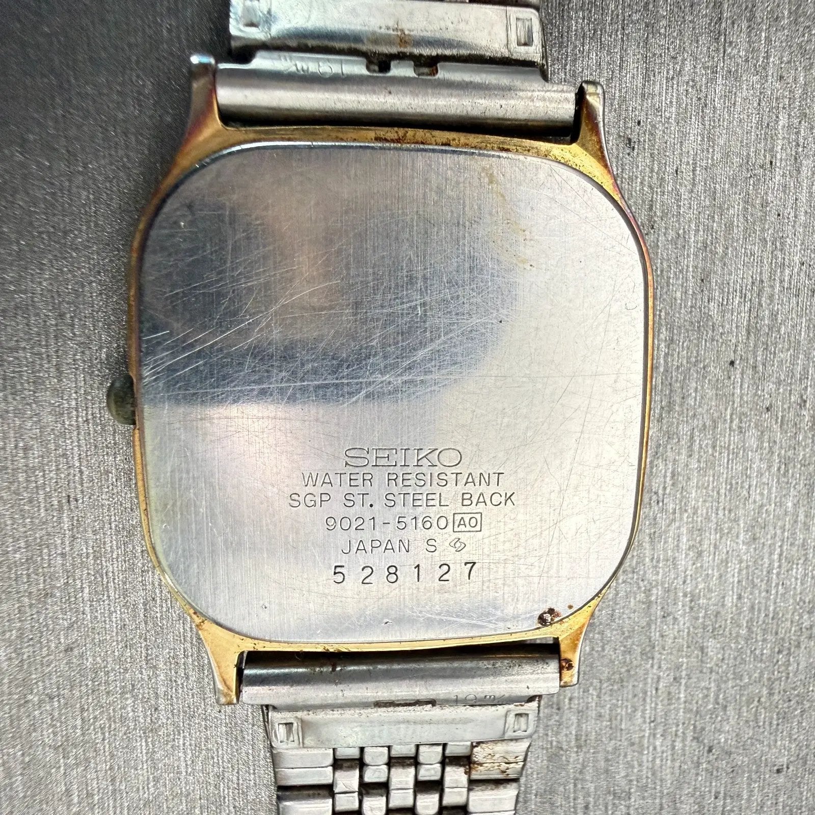Seiko Watch Men 30mm Gold Dial Two Tone Rectangle 9021-5160 New Battery Vintage10