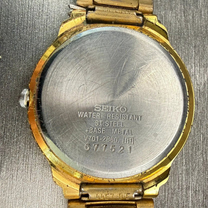 Seiko Watch Men 32mm Gold Dial Gold Tone Round V701-2B60 New Battery Vintage10