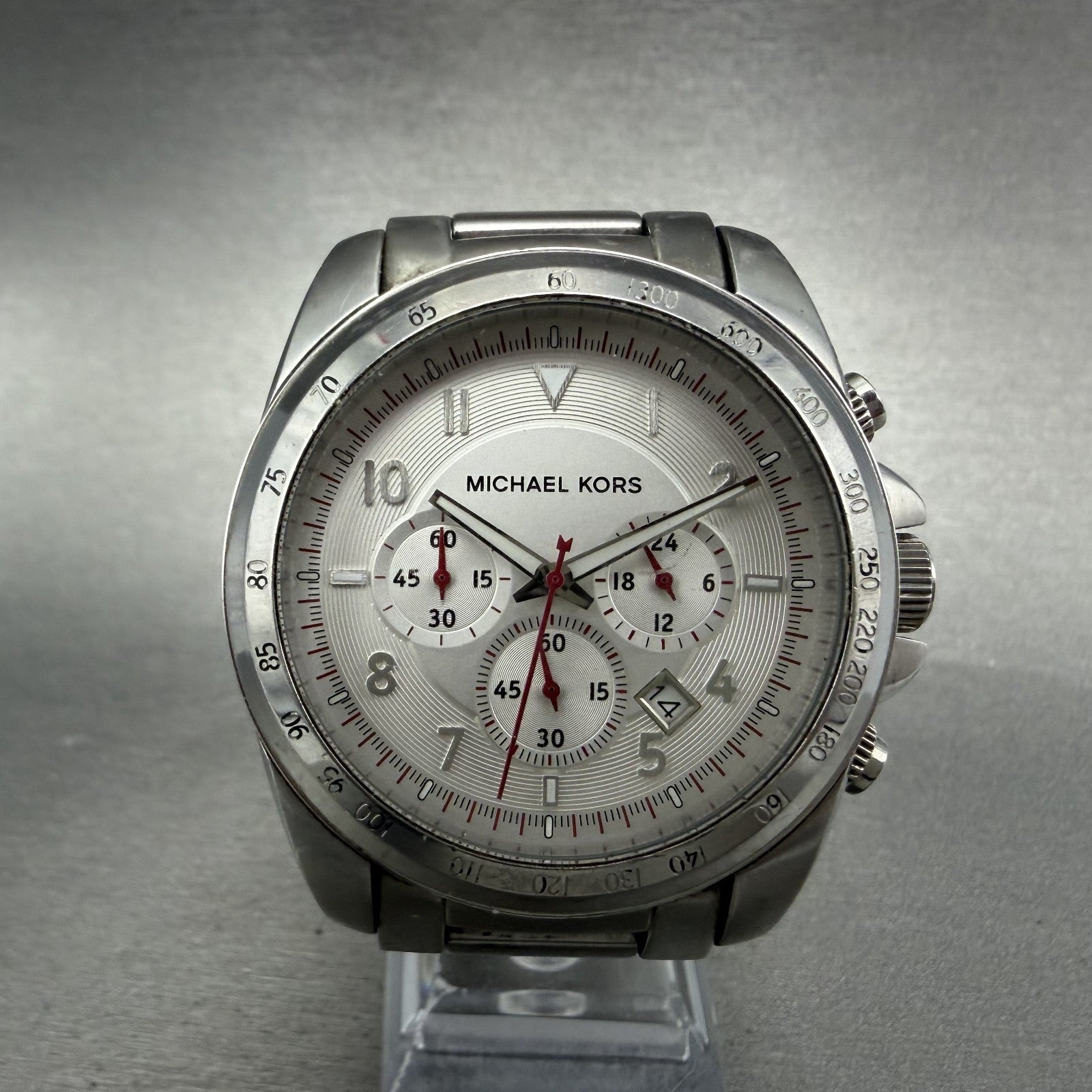 Michael kors Chronograph Watch Men 45mm White Dial Steel Date MK-8131 New Batt0
