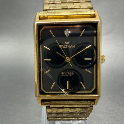 Waltham Tank Watch Men 25mm Black Dial Gold Tone Rectangle New Battery0