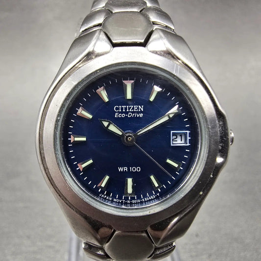 Citizen Eco-Drive Watch Women 27mm Blue Dial Silver Tone Date E010-K16393 Runs H0