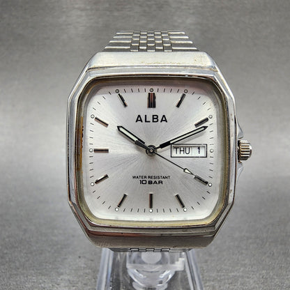 Seiko Alba Watch Men 33mm Silver Dial Silver Tone Daydate 7n33-k003 New Battery
