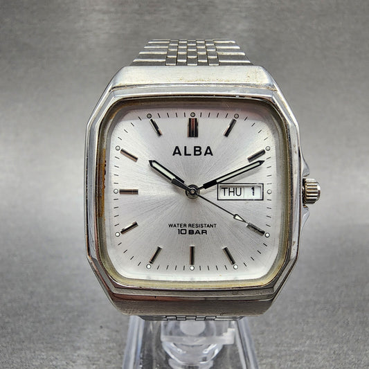 Seiko Alba Watch Men 33mm Silver Dial Silver Tone Daydate 7n33-k003 New Battery