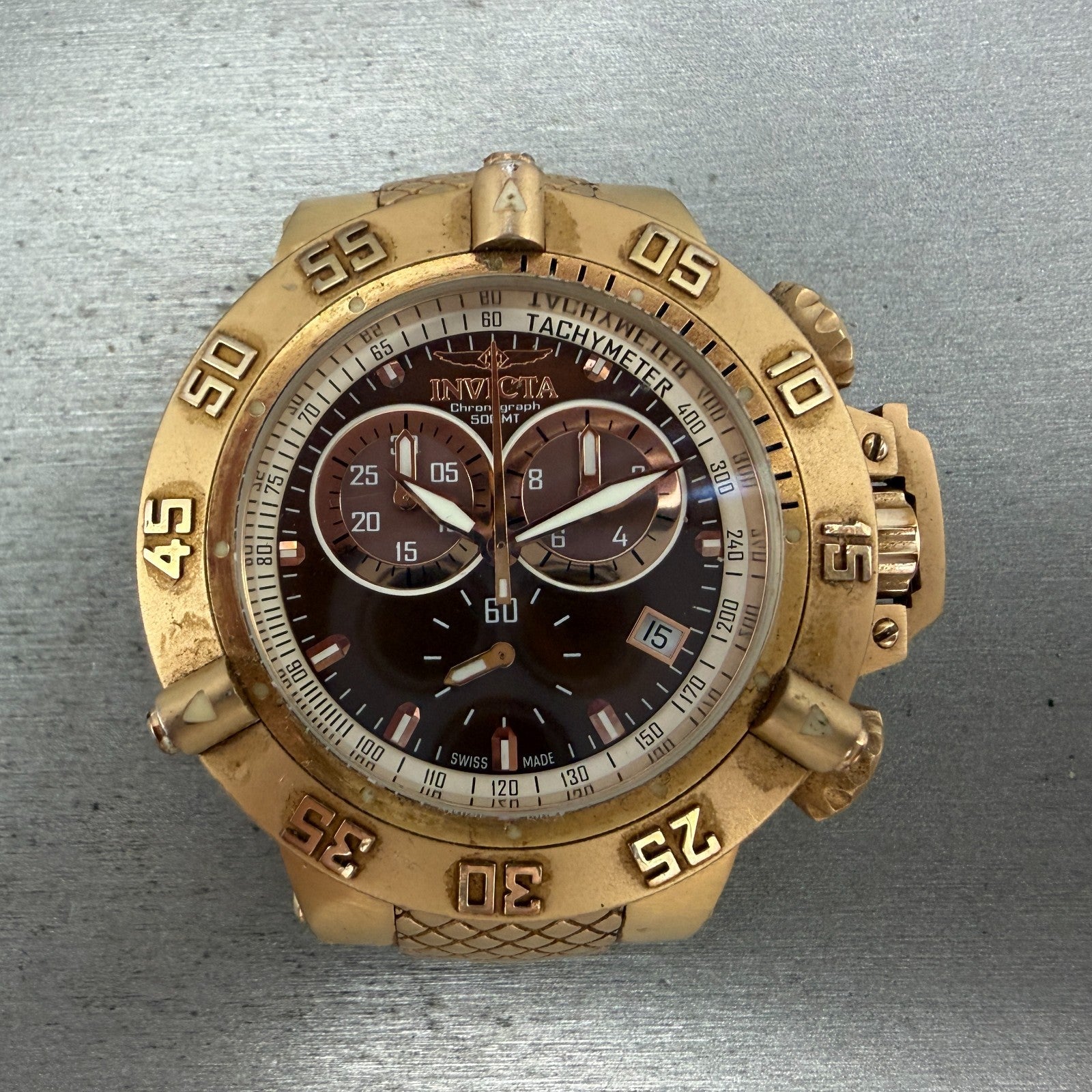 Invicta Sub Aqua Noma III Chrono Watch Men 50mm Brown Dial Rose Gold Date Newbat0