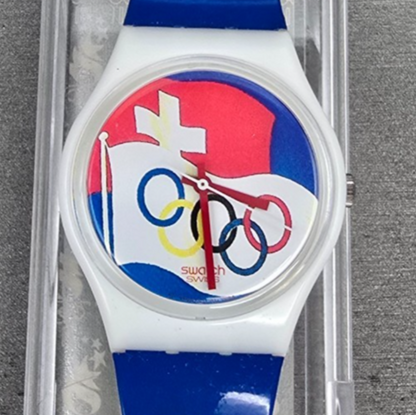 Swatch St. Moritz 1928 Watch Men 34mm Blue Dial White Case GZ134 New Battery NOS1