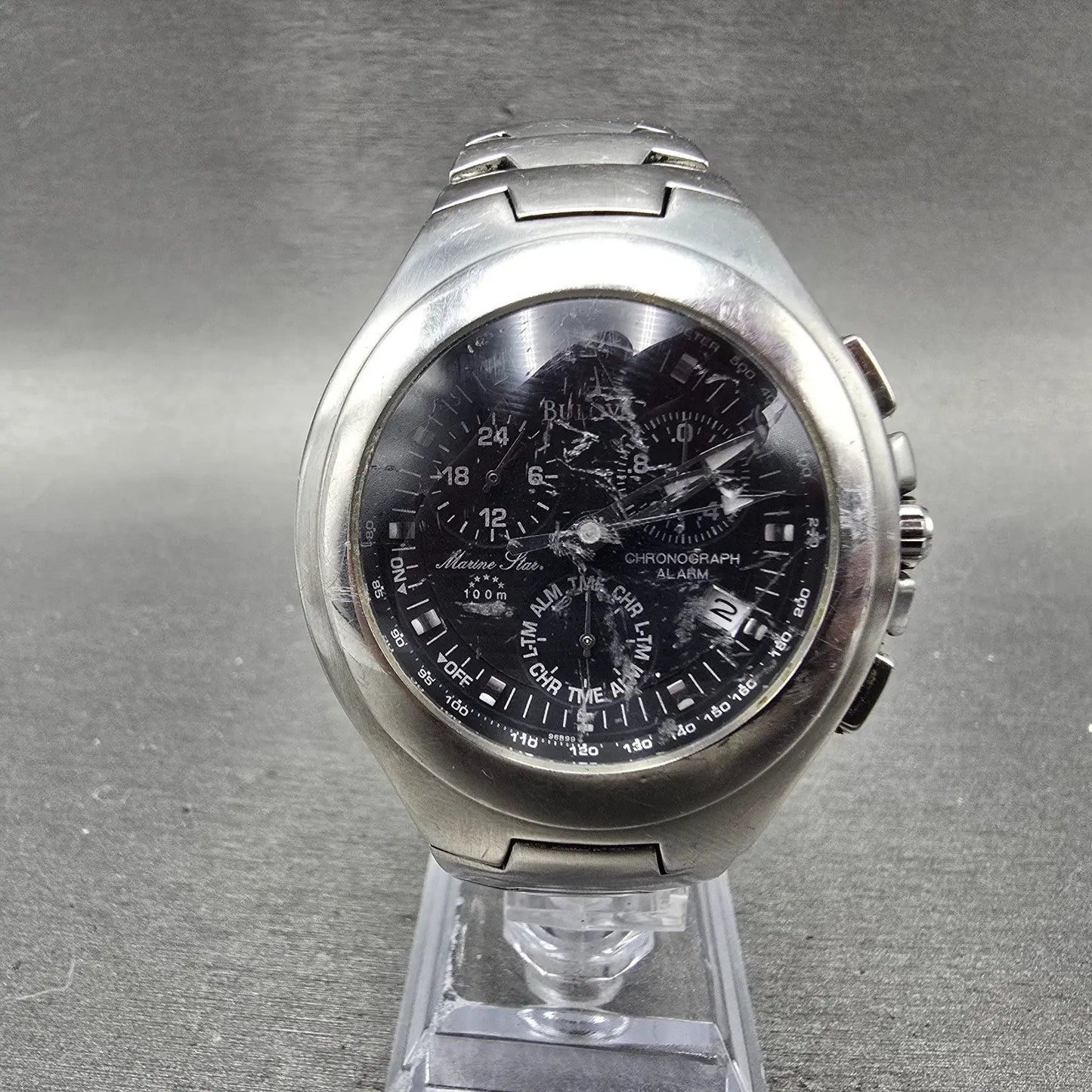 Bulova Marine Star Chrono Alarm Watch Men 39mm Black Dial Steel 96B99 NewBattery0