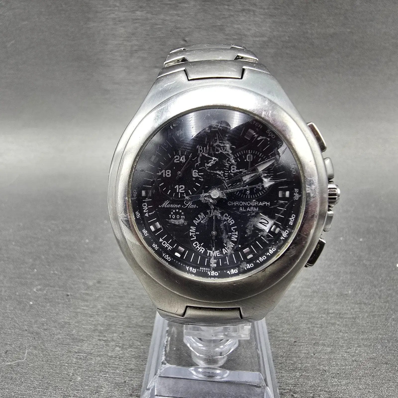 Bulova Marine Star Chrono Alarm Watch Men 39mm Black Dial Steel 96B99 NewBattery0