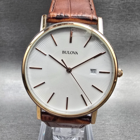 Bulova Watch Men 40mm White Dial Gold Tone Date Round 98H51 New Battery0