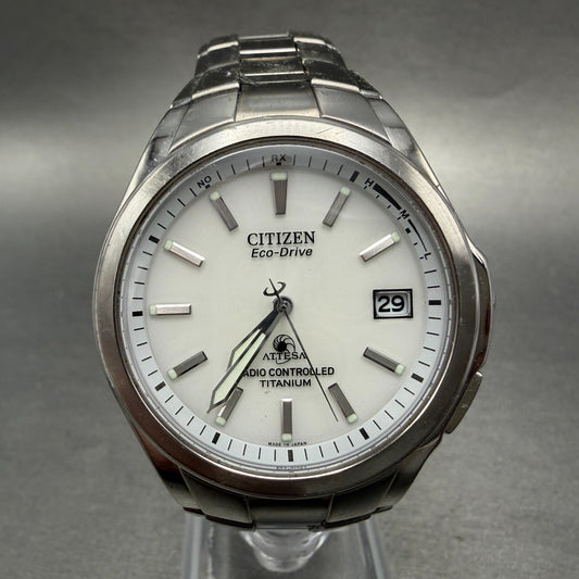 Citizen Eco-Drive Attesa Watch Men 38mm White Dial Titanium Atomic Date READ!!!!0