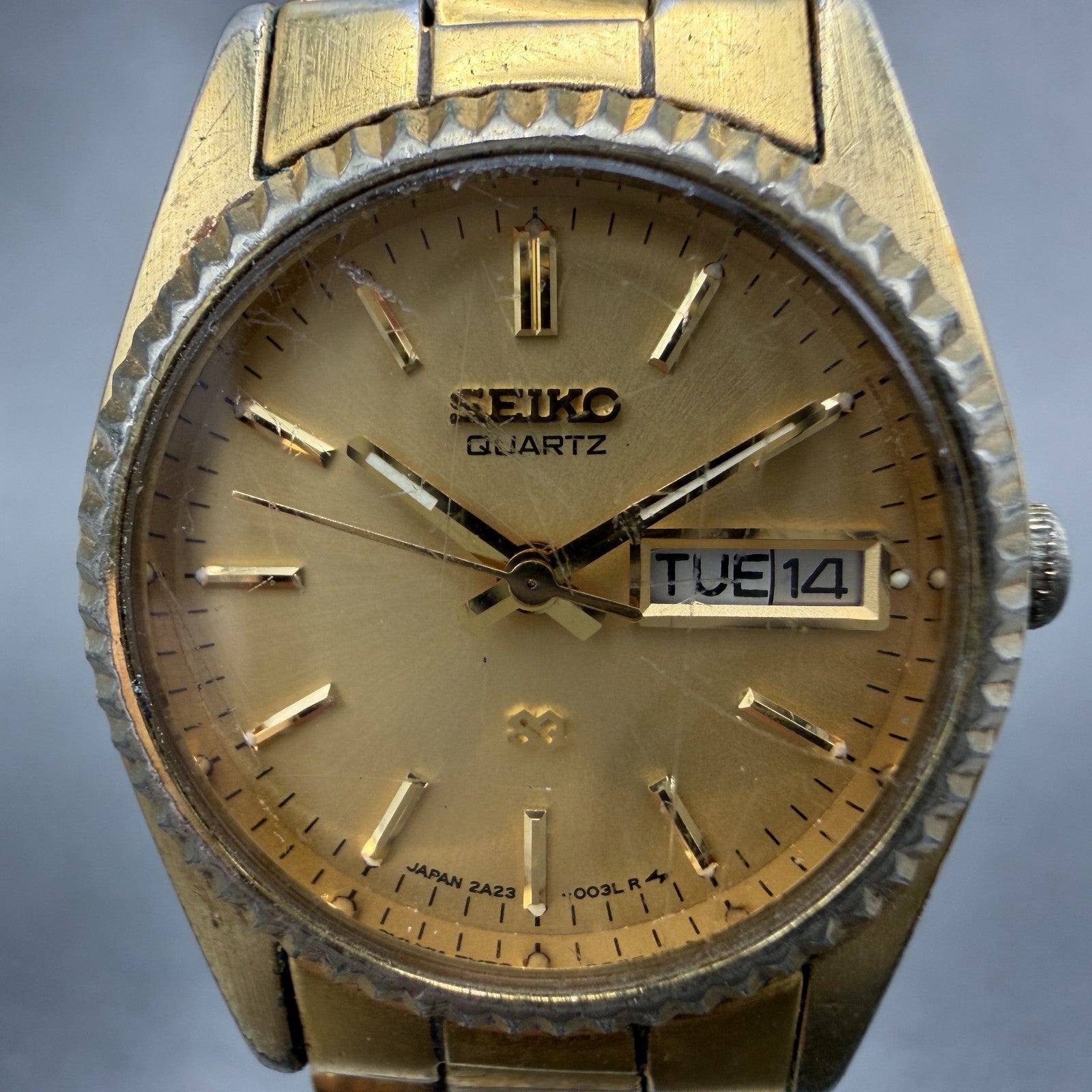Seiko SQ Watch Women 25mm Gold Dial Gold Tone Daydate Round 2A23-0039 NewBat TPI1