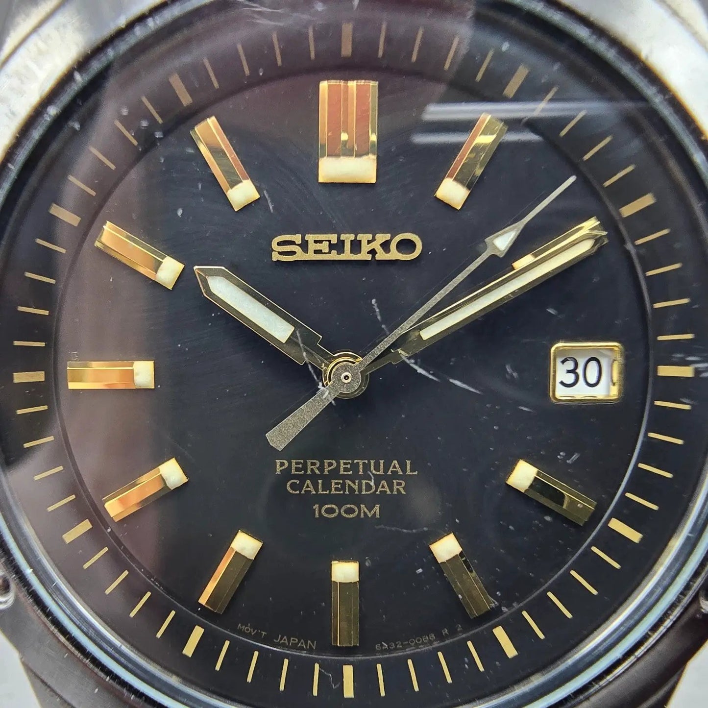 Seiko Perpetual Calendar Watch Men 39mm Black Dial Black Gold Date New Battery F1
