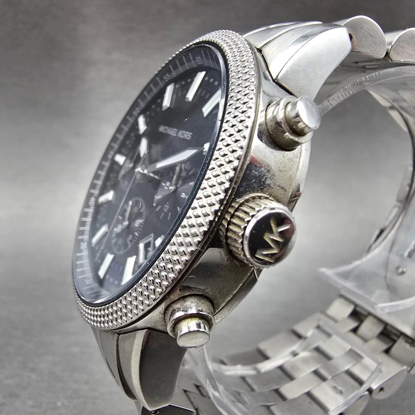 Michael Kors Scout Chronograph Watch Men 43mm Black Dial Steel MK-8316 New BattE2