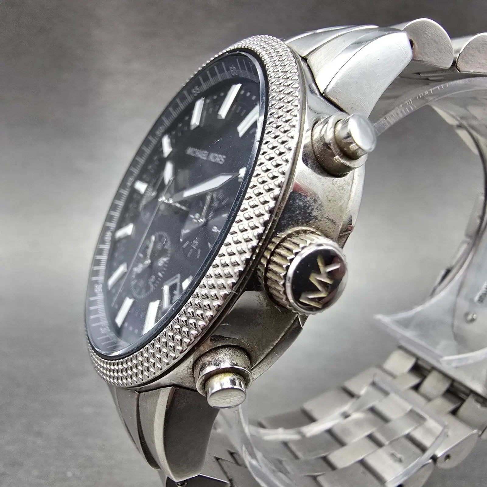 Michael Kors Scout Chronograph Watch Men 43mm Black Dial Steel MK-8316 New BattE2